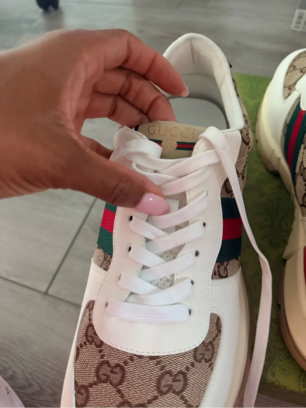 Gucci White Leather & GG Canvas Sneaker with Green-Red-Green Stripe